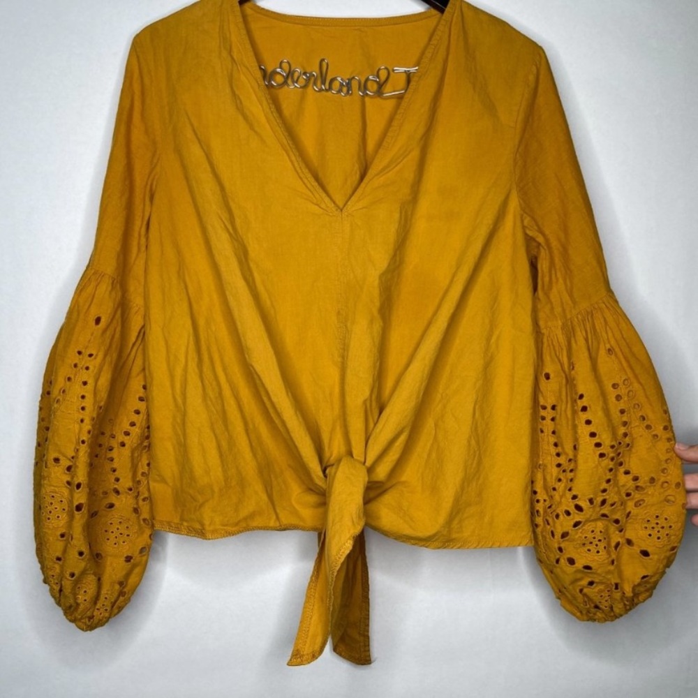 Mustard Boho Wide Crochet Sleeve Knot Front Top